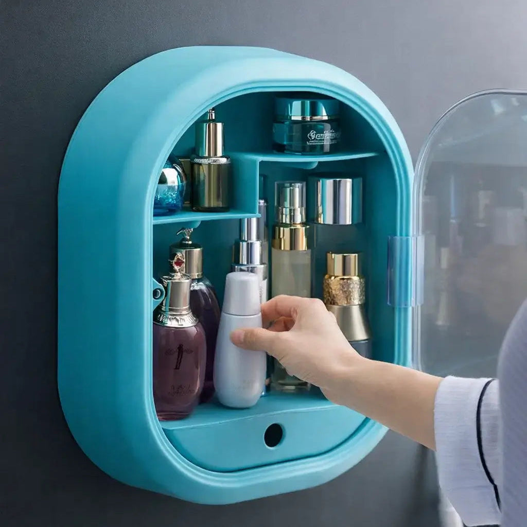Organizador multifuncional de pared ideal para baño y tocador. Fácil instalación.