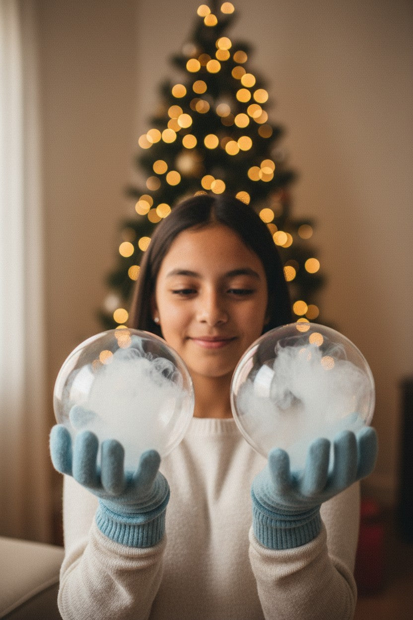 Niña sosteniendo dos burbujas de humo con guantes junto al árbol de Navidad