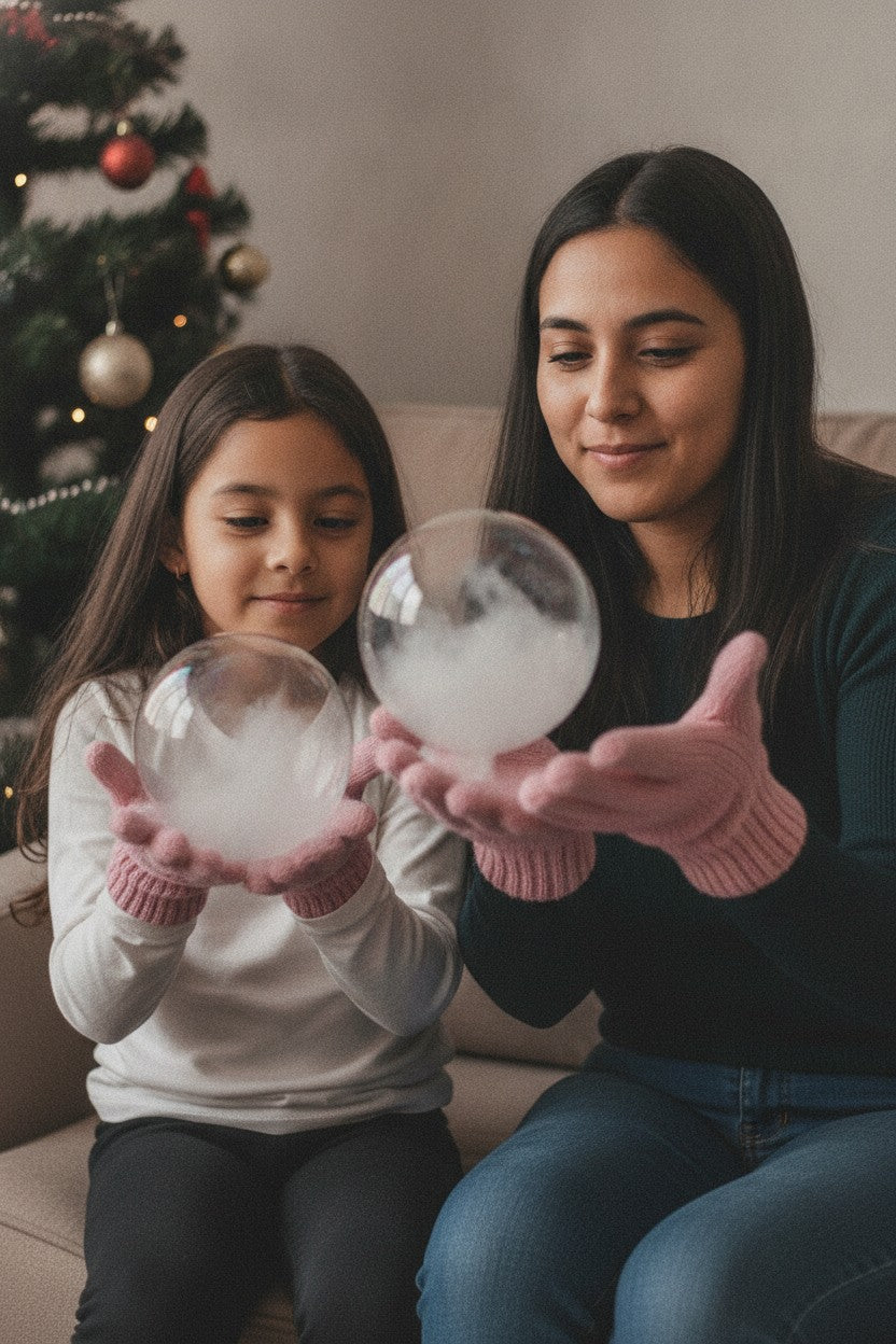 Mamá e hija atrapando burbujas de humo con guantes en el sofá