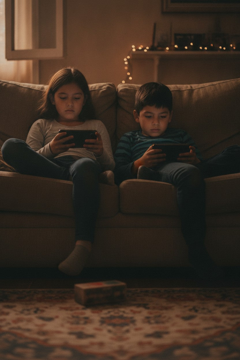 Niños aburridos con el celular en el sofá