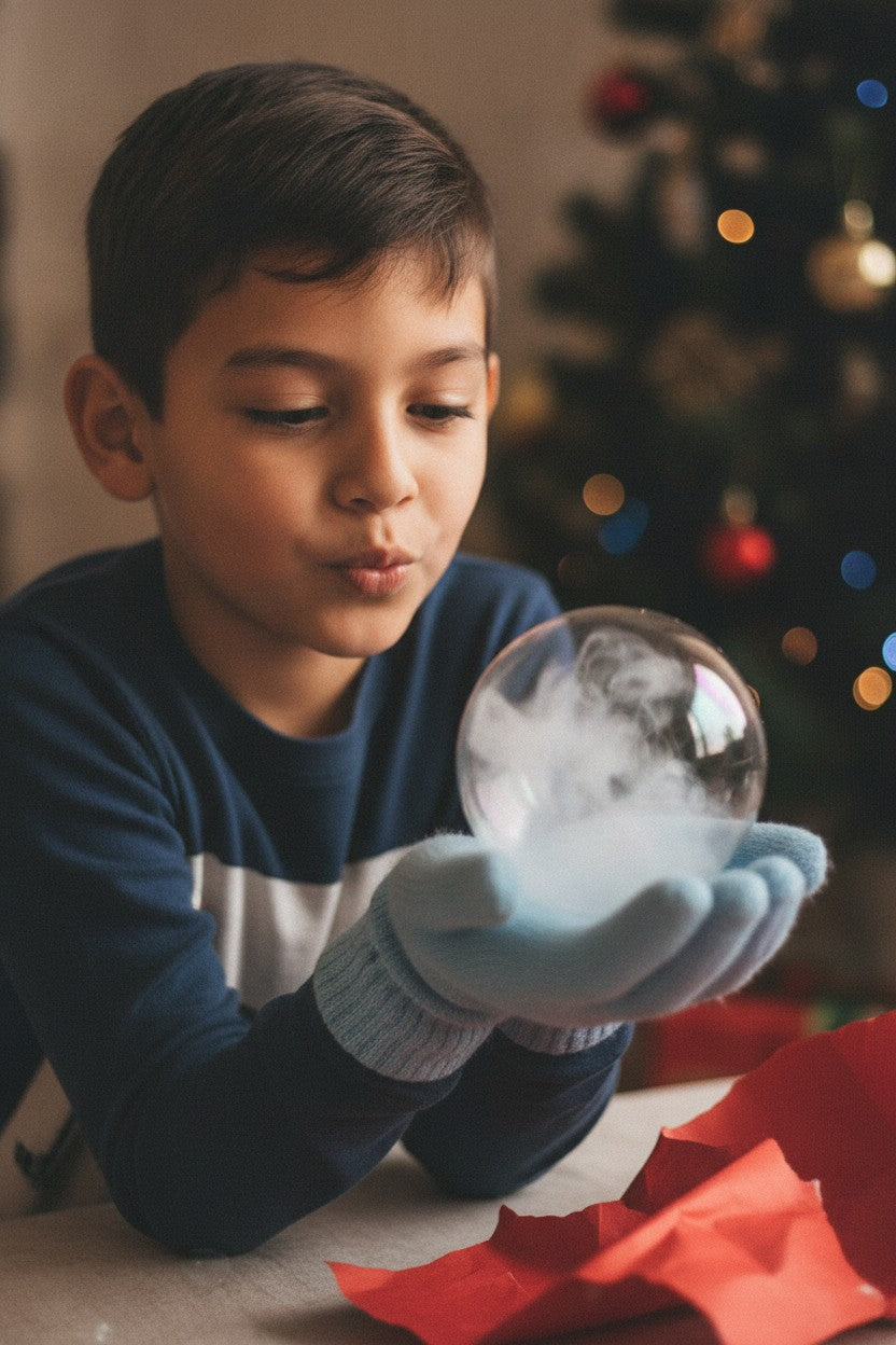 Niño con una burbuja de humo en la palma junto a su regalo de Navidad