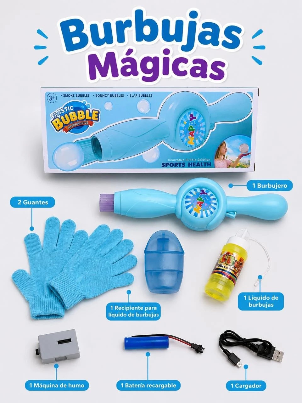 Qué trae el burbujero: guantes, recipiente, líquido de burbujas, máquina de humo, batería y cargador
