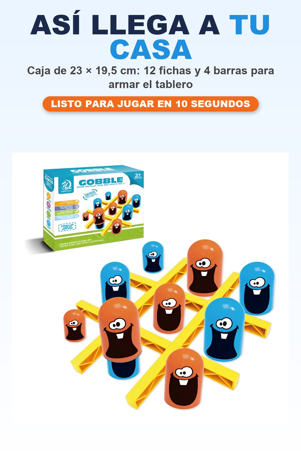 Así llega el juego: caja, 12 fichas y 4 barras del tablero