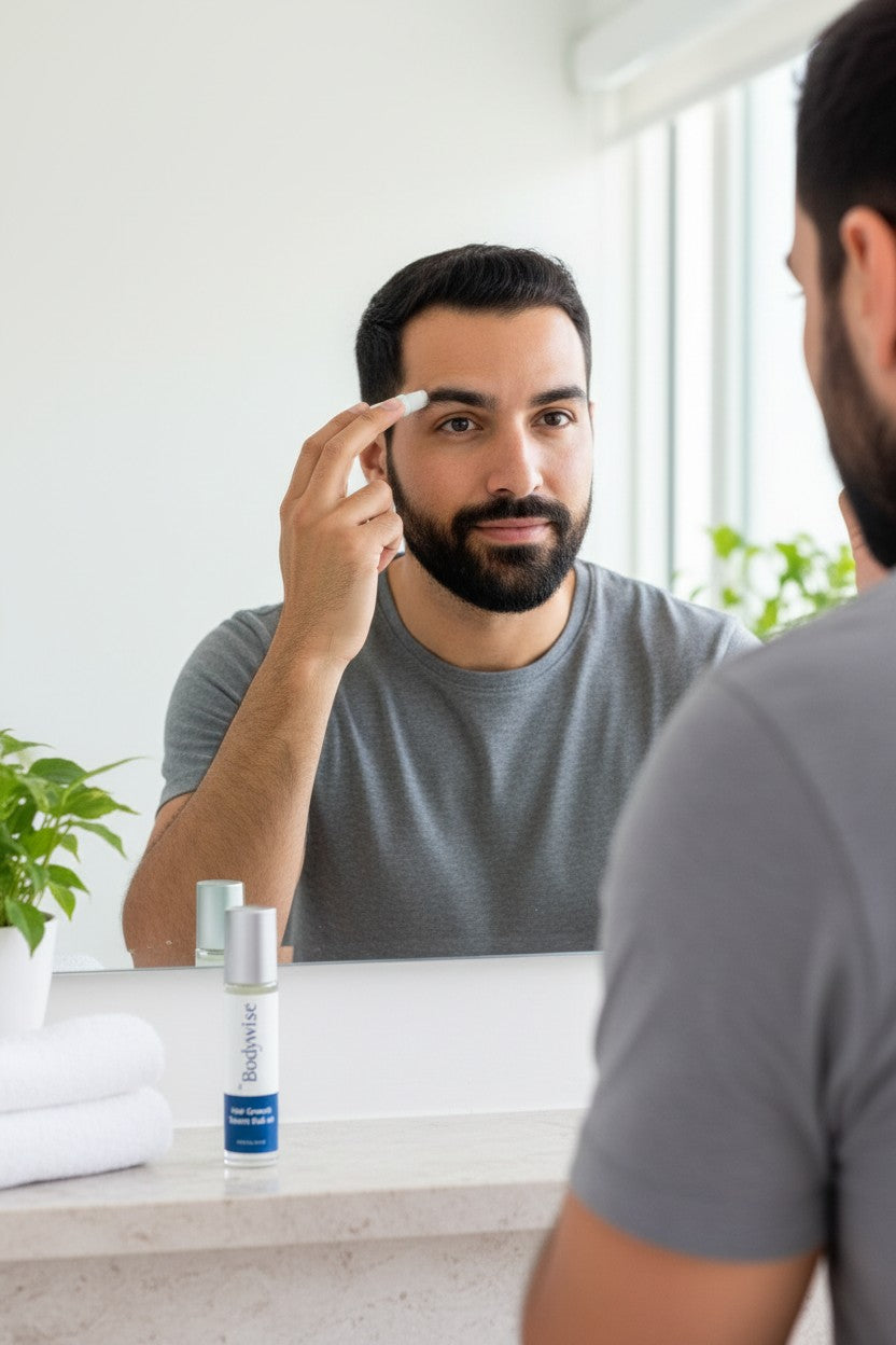 Hombre revisando sus entradas frente al espejo, con el roll-on en el lavamanos