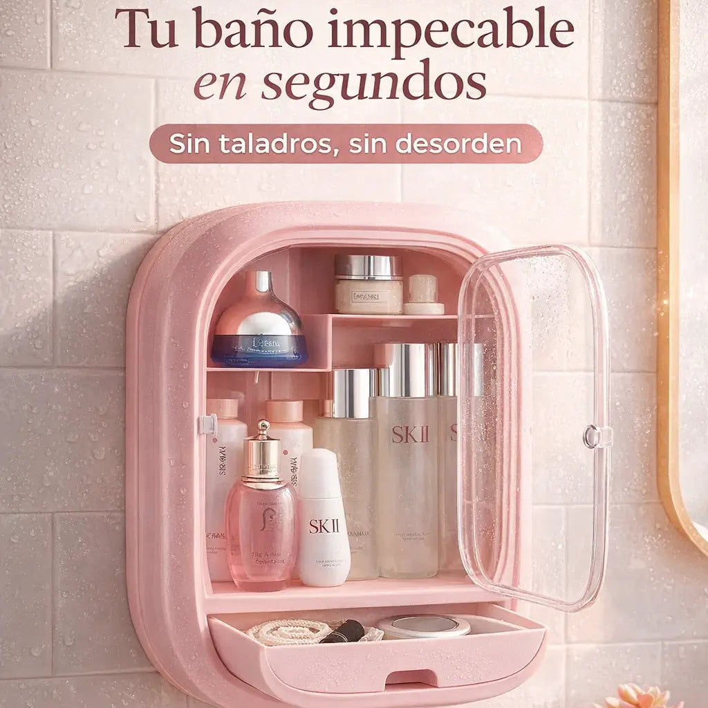Organizador multifuncional de pared ideal para baño y tocador. Fácil instalación.