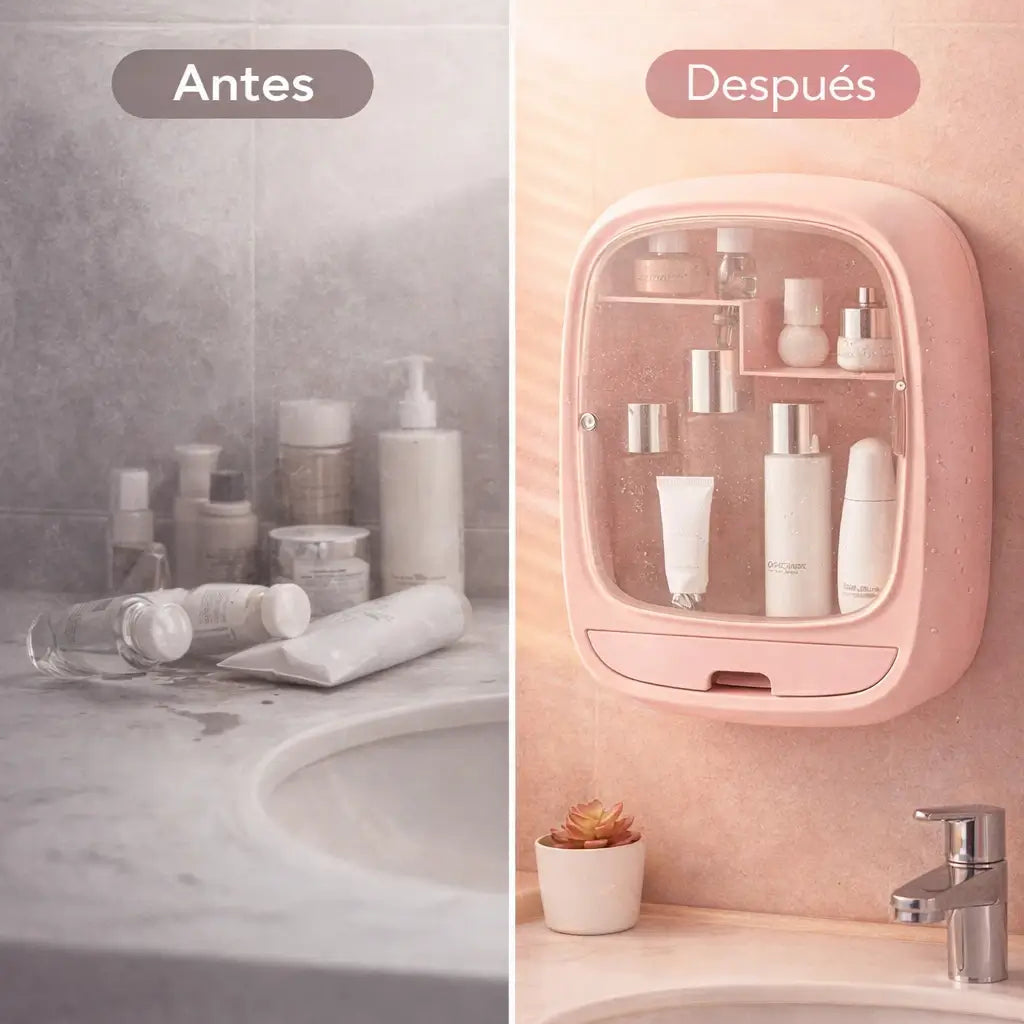 Organizador multifuncional de pared ideal para baño y tocador. Fácil instalación.
