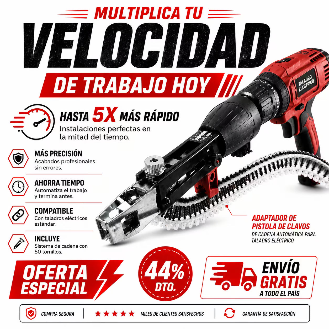 Adaptador Pistola de Tornillos para Taladro - Ideal para Panel - Techos y Divisiones