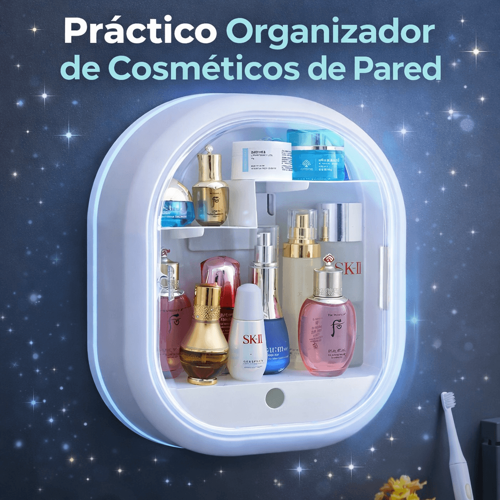 Organizador multifuncional de pared ideal para baño y tocador. Fácil instalación.