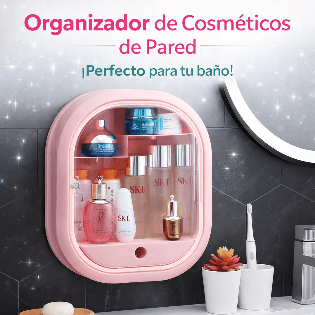 Organizador multifuncional de pared ideal para baño y tocador. Fácil instalación.