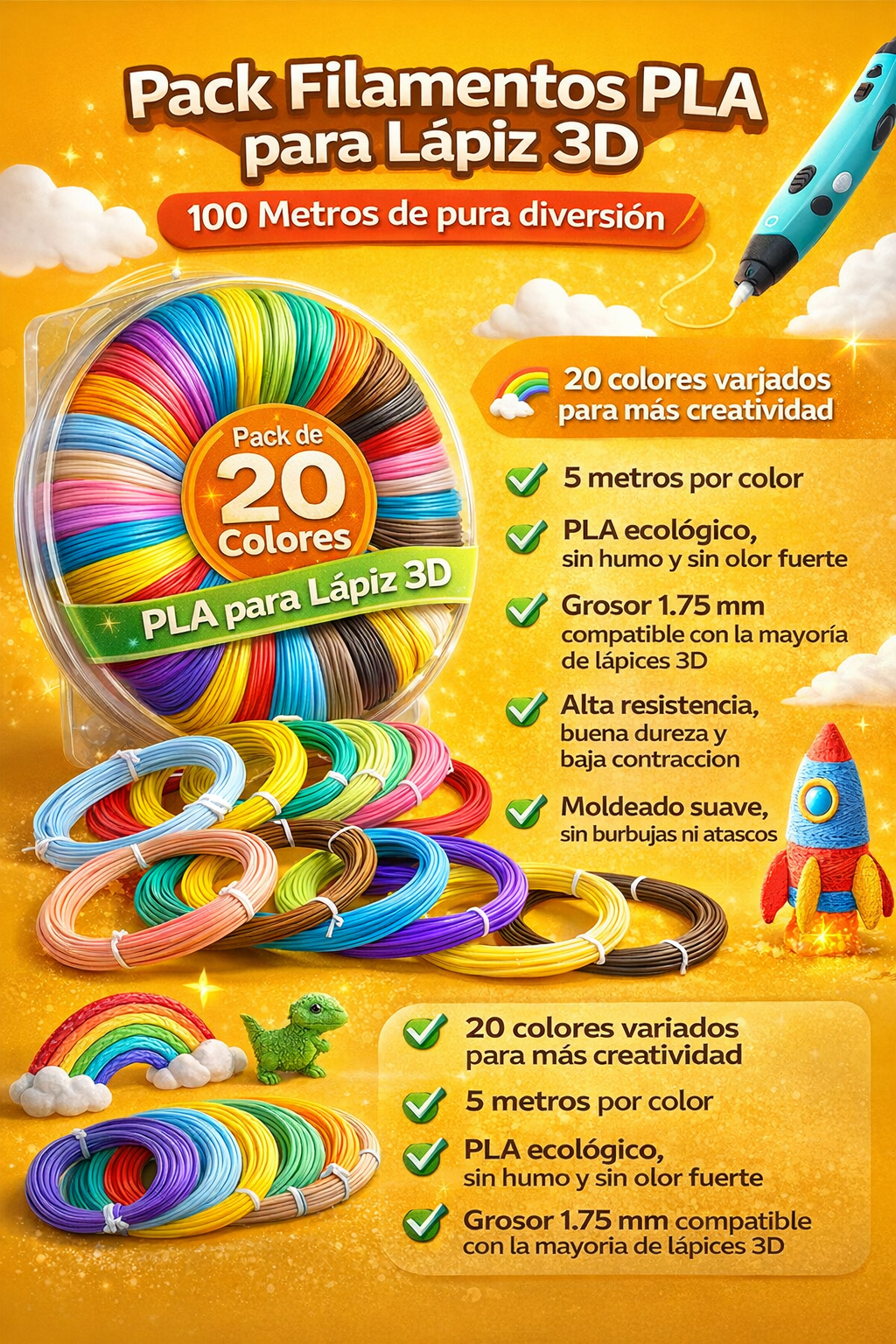 Filamento PLA para Lápiz de Dibujo 3D - Kit x 20 colores de 5 metros C/U Total 100 metros