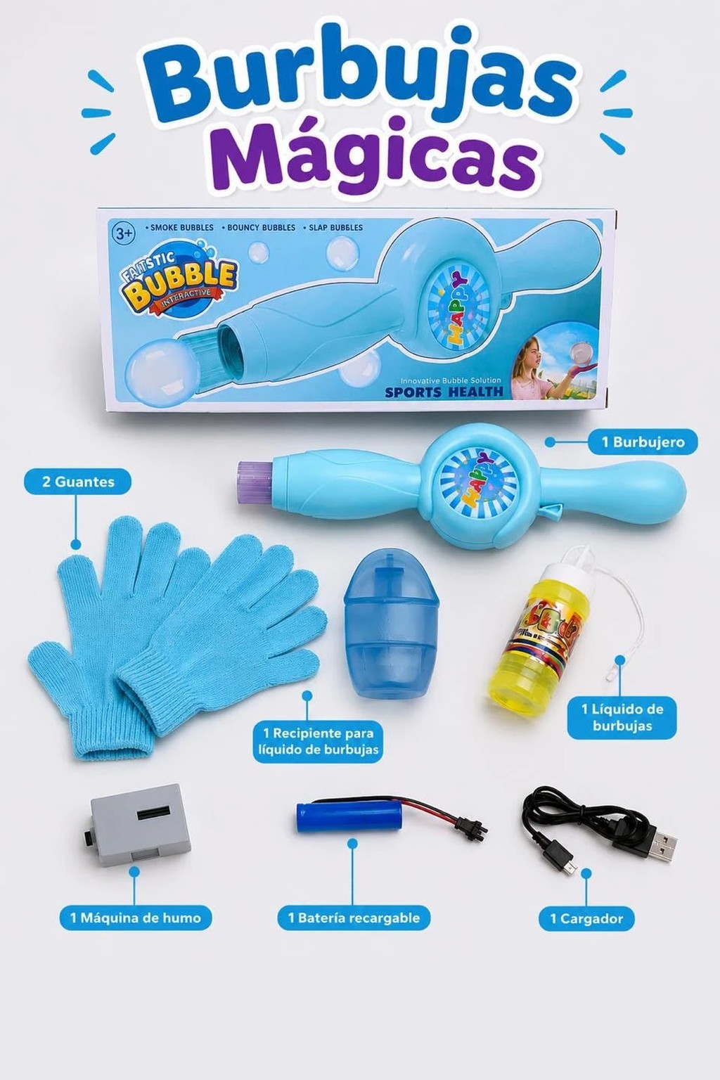 Qu&eacute; trae el burbujero: guantes, recipiente, l&iacute;quido de burbujas, m&aacute;quina de humo, bater&iacute;a y cargador
