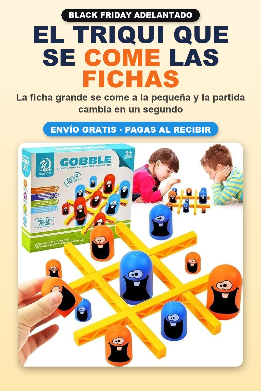 Triqui Come-Fichas Gobble: tablero amarillo con fichas naranjas y azules y la caja del juego