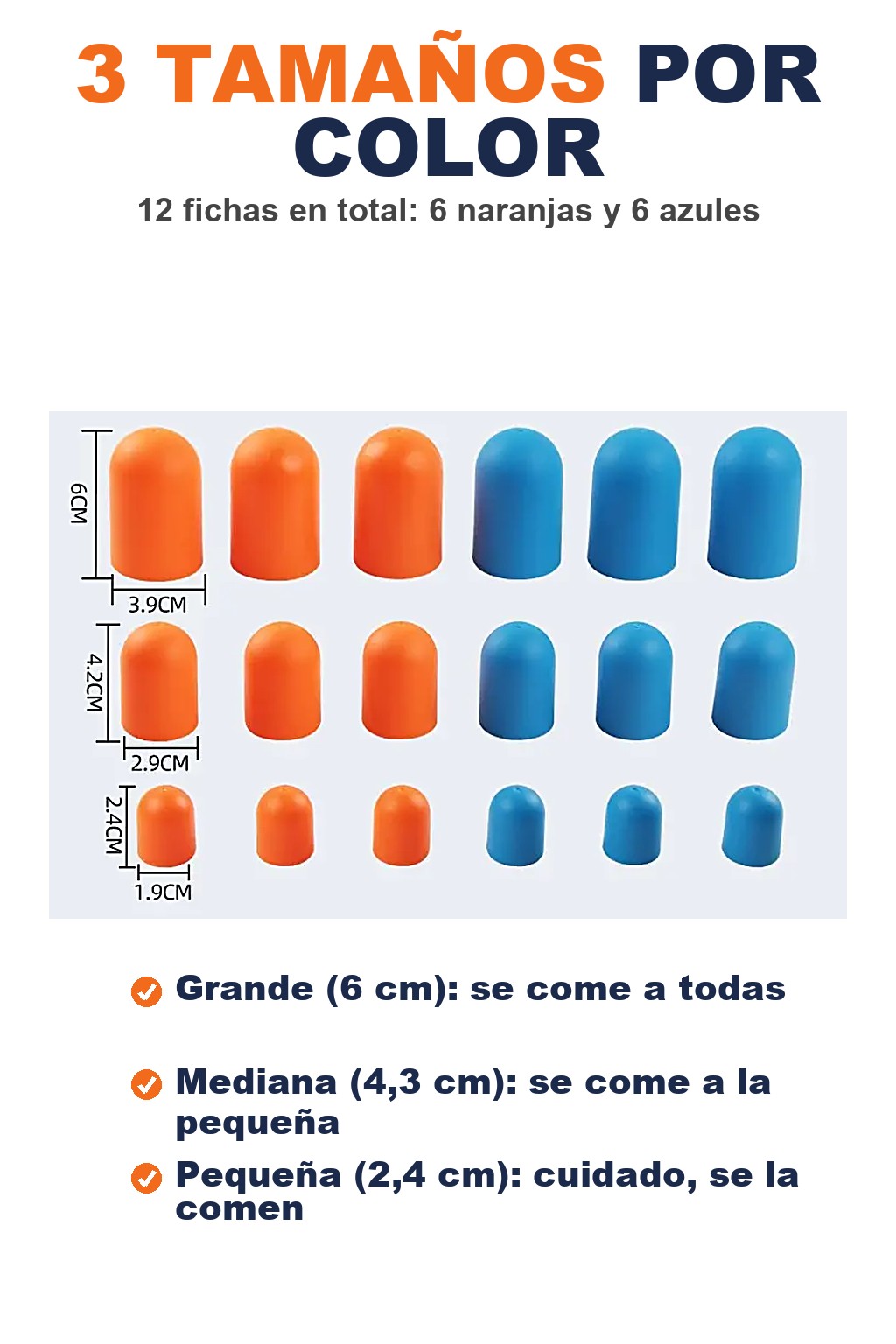 Las 12 fichas en 3 tama&ntilde;os: grande de 6 cm, mediana de 4,3 cm y peque&ntilde;a de 2,4 cm